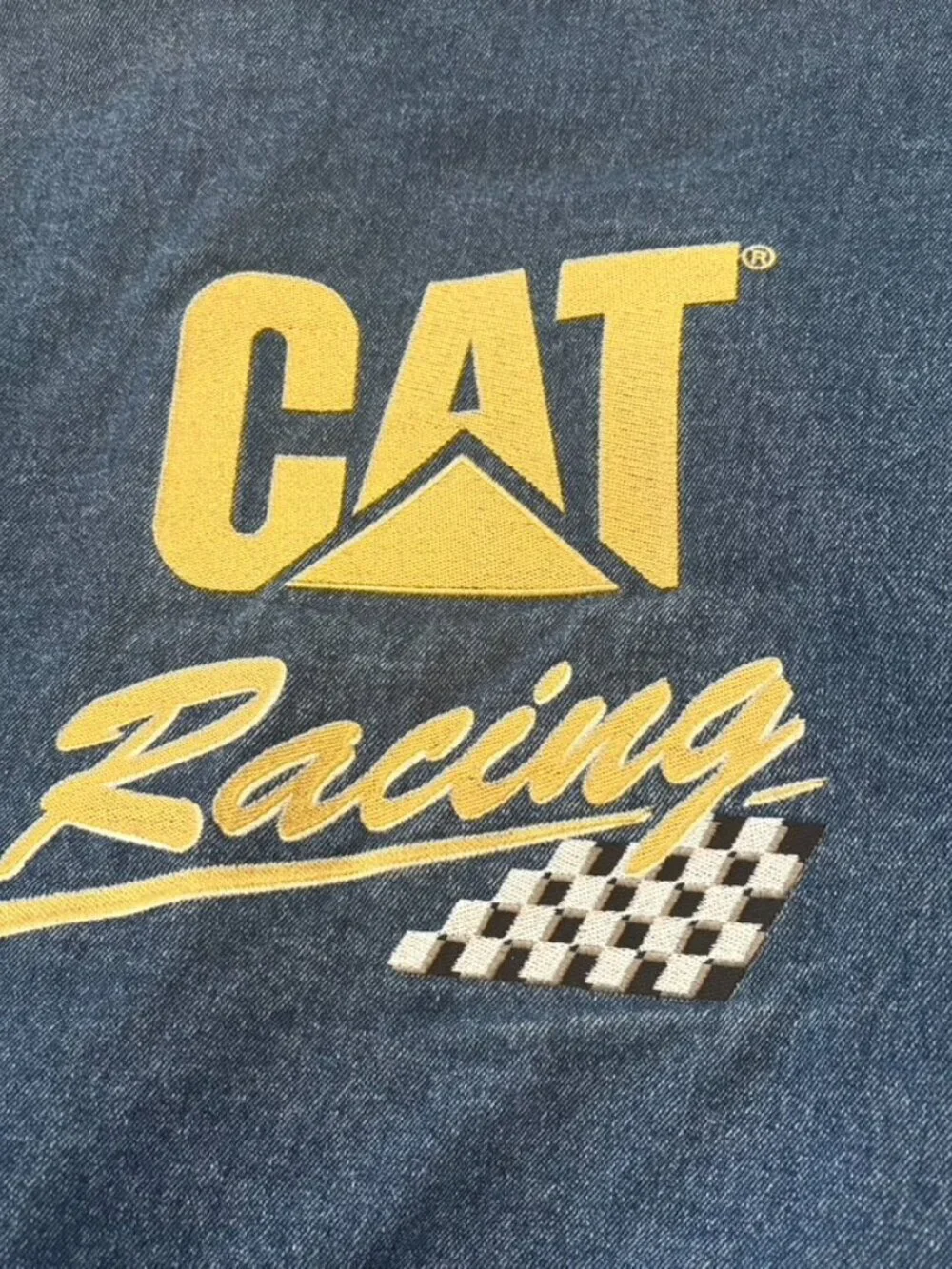 VTG Caterpillar CAT Turning Point Jacket Mens XL Stadium Bomber Blue Denim Lined